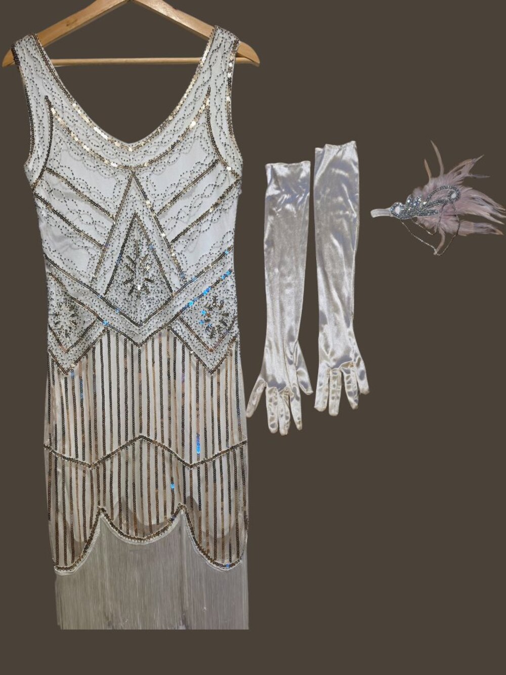 Vintage‑Style Flapper Dress Set (Size Small) — Dress + Gloves + Headpiece